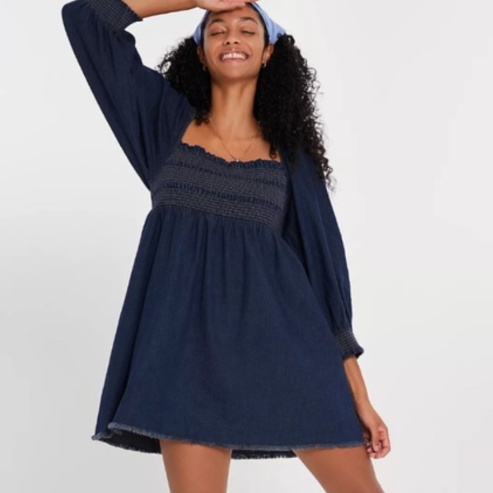 Free People This is Everything Smocked Denim Mini Dress